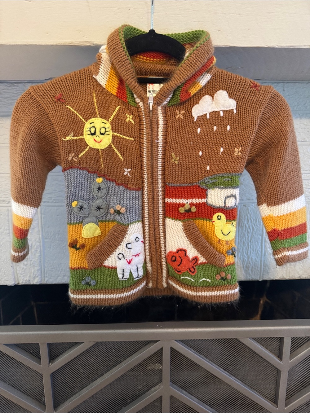 Kids Brown Knit Zip-Up Sweater with Sunny Animal Appliqués